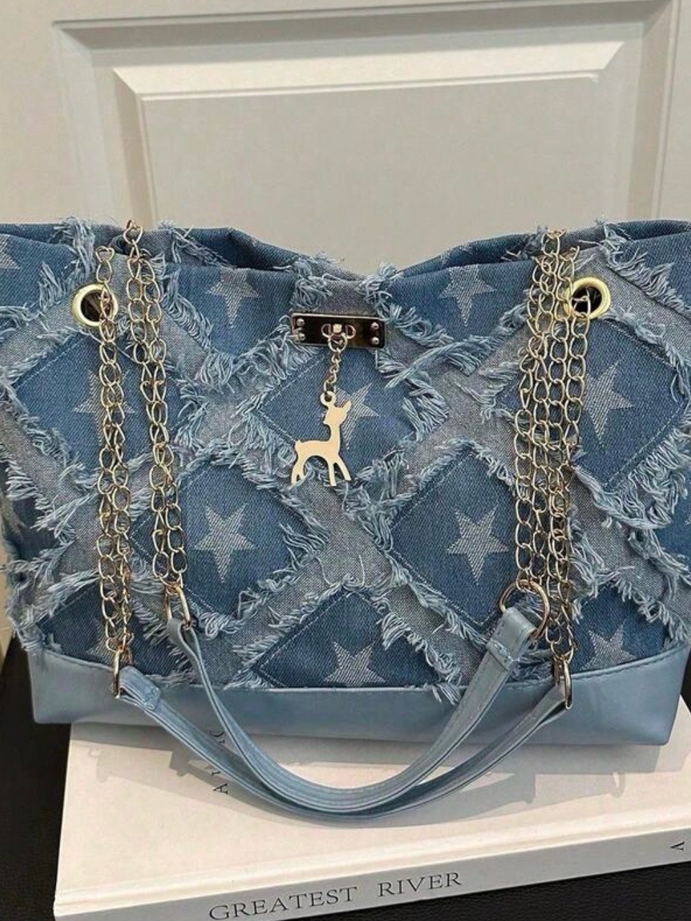 Star-Pattern Frayed Denim Tote - Light Blue